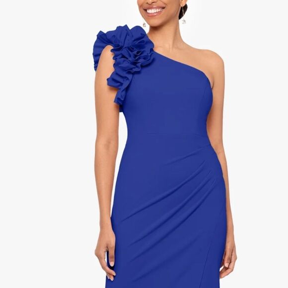 NWT XSCAPE EVENINGS
"IVY" ONE SHOULDER RUFFLE SCUBA CREPE DRESS - Picture 1 of 6